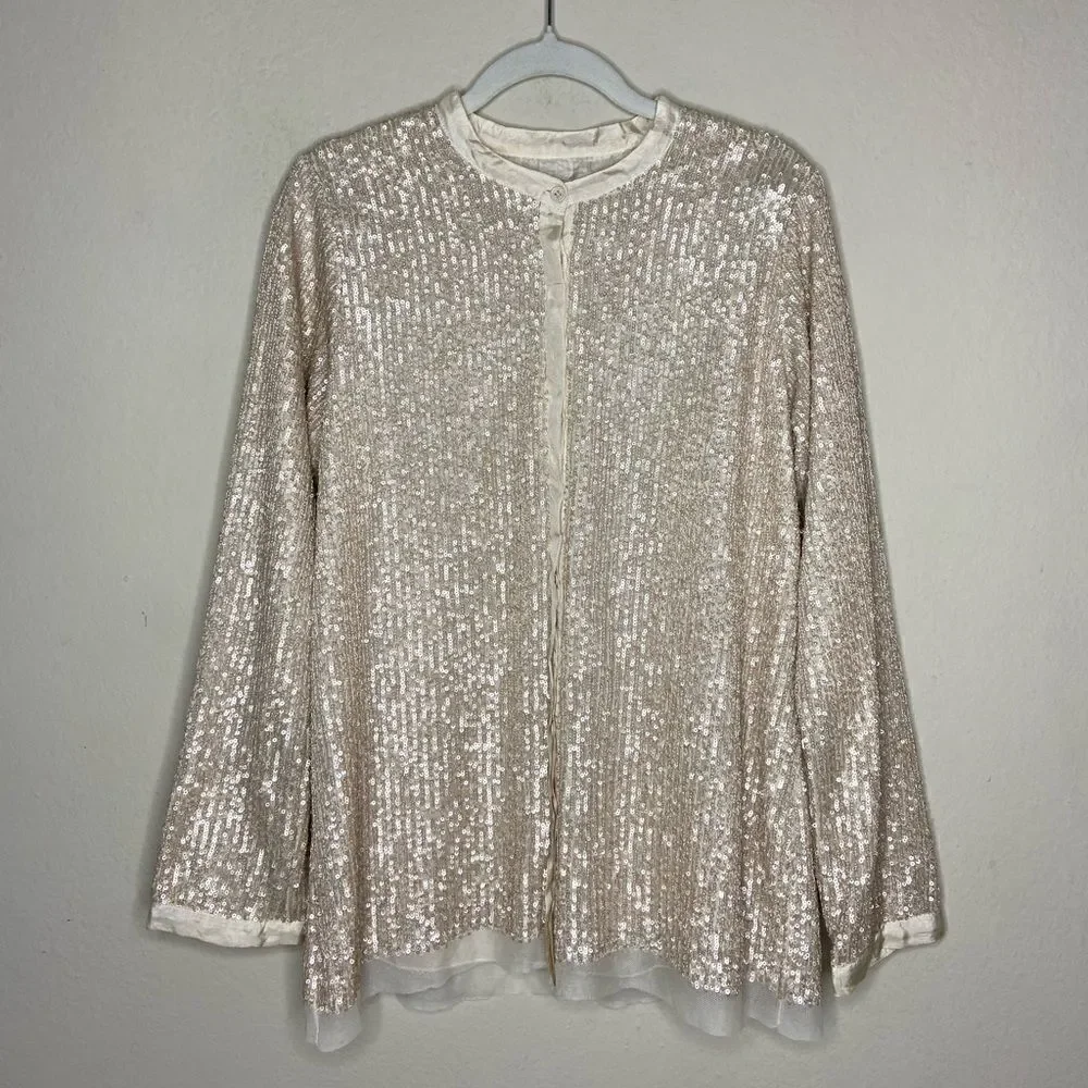 Johnny Was Grace Cream Shirt Blouse Sequin Button Down Long Sleeve Size S